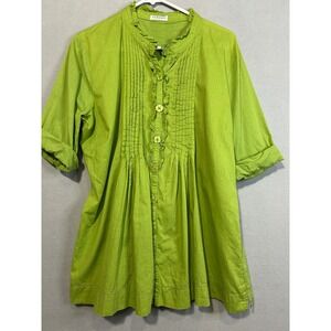HANNAH Green Ruffle Button Down‎ Pleated Blouse Size XL 3/4 Sleeve Cotton Top